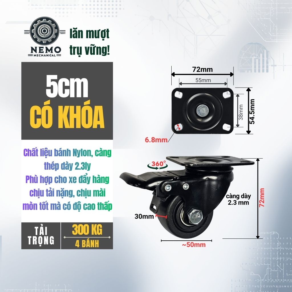 Bánh Xe Nylon Lùn Tải Nặng – Trọng Tâm Thấp, Càng Thép Dày 3mm (D50, D65, D75)